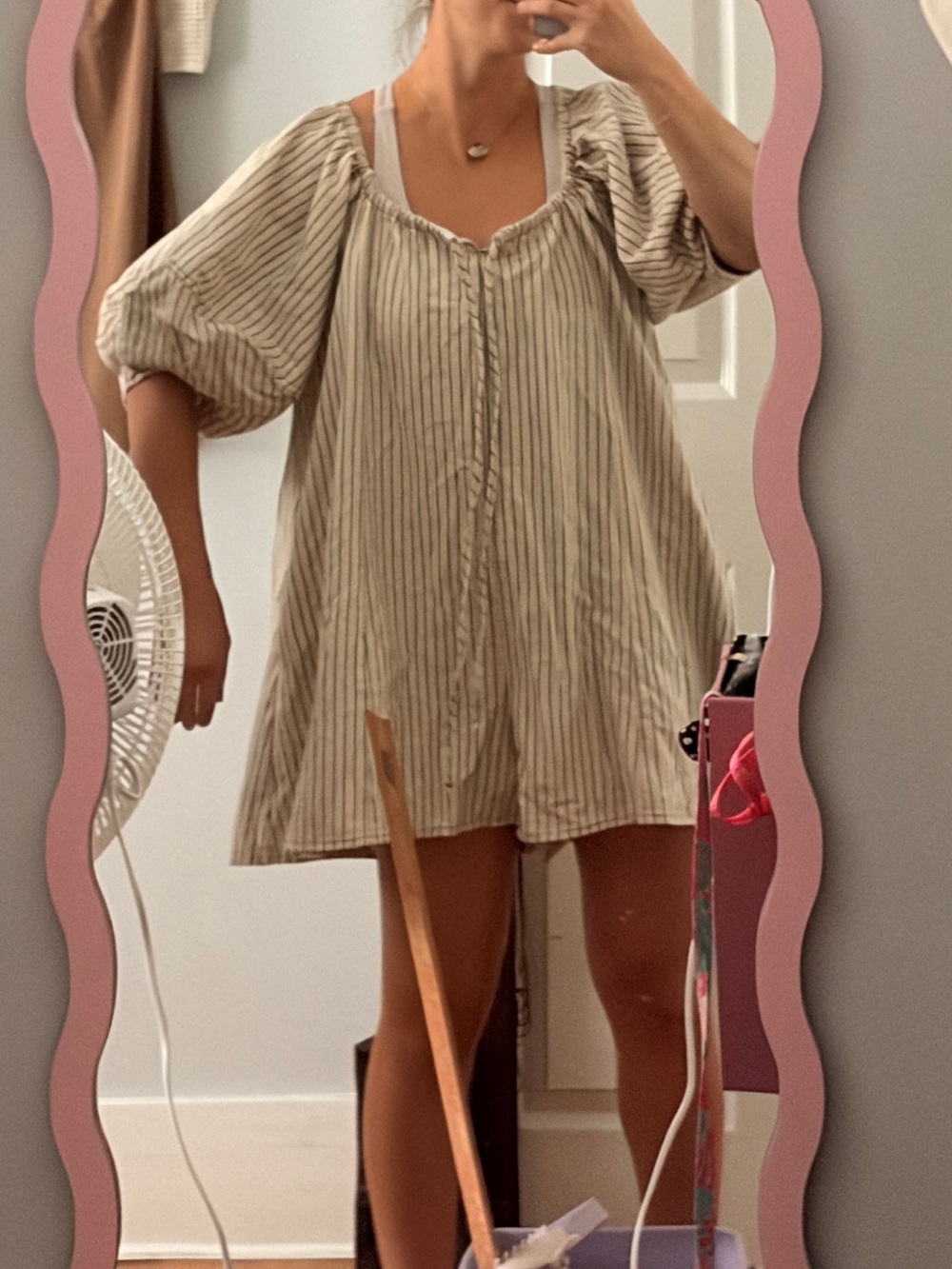 NWT Peach Love California Cream Striped Bubble Sleeve Romper Small